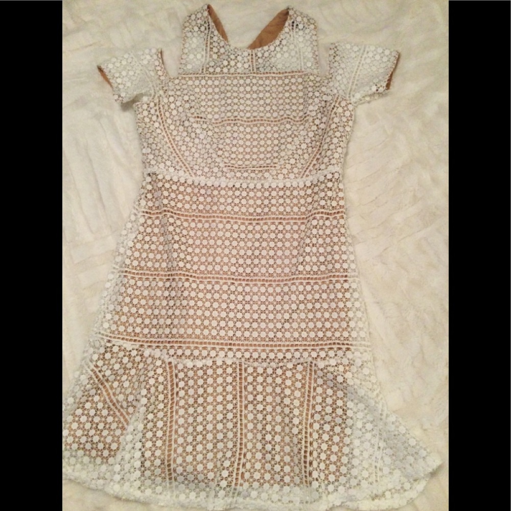 INA peekaboo shoulder dress creme with nude lining gorgeous details SZ Med NWOT